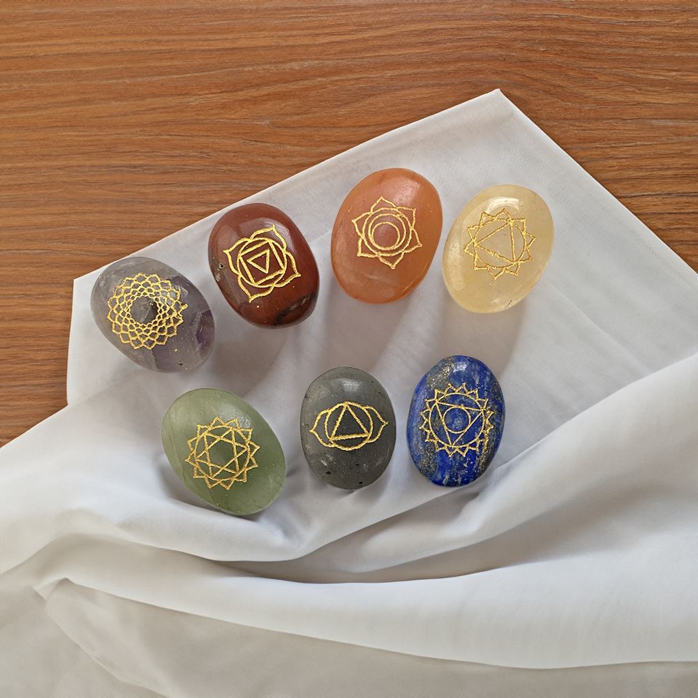 7 Chakra Stone Set with Black Pouch, Oval Stones