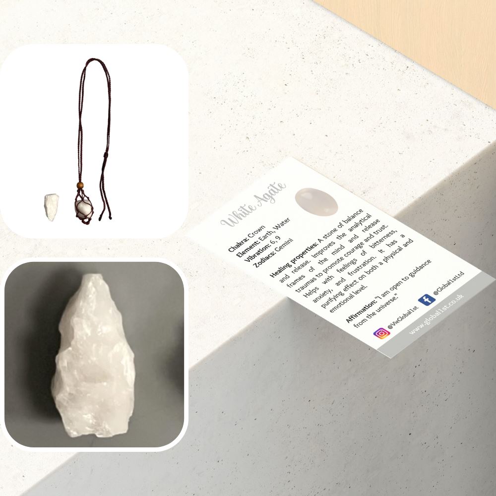 Macrame Necklace, White Agate Tumbled, with White Agate Rough Cut