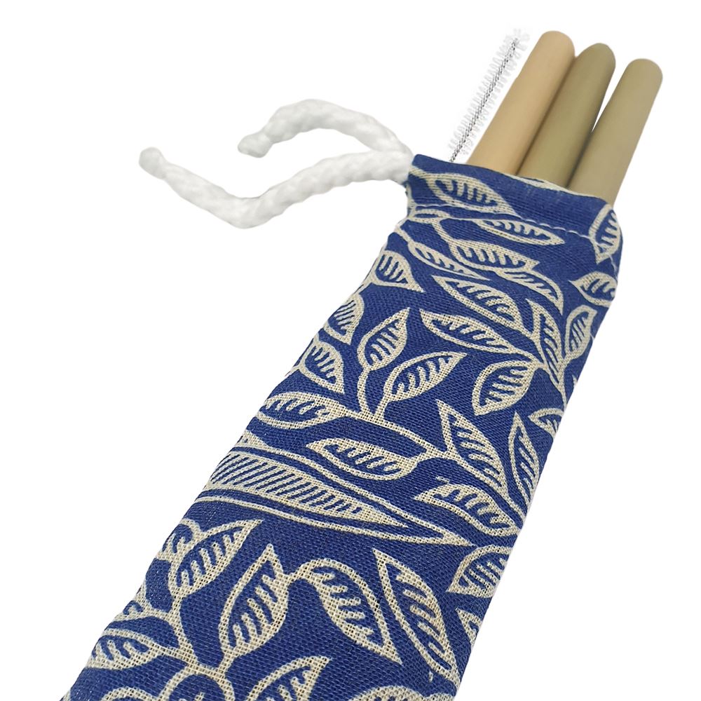 Bamboo Drinking Straws, 22cm, Set of 3 in a Batik Pouch, Includes a Cleaning Brush
