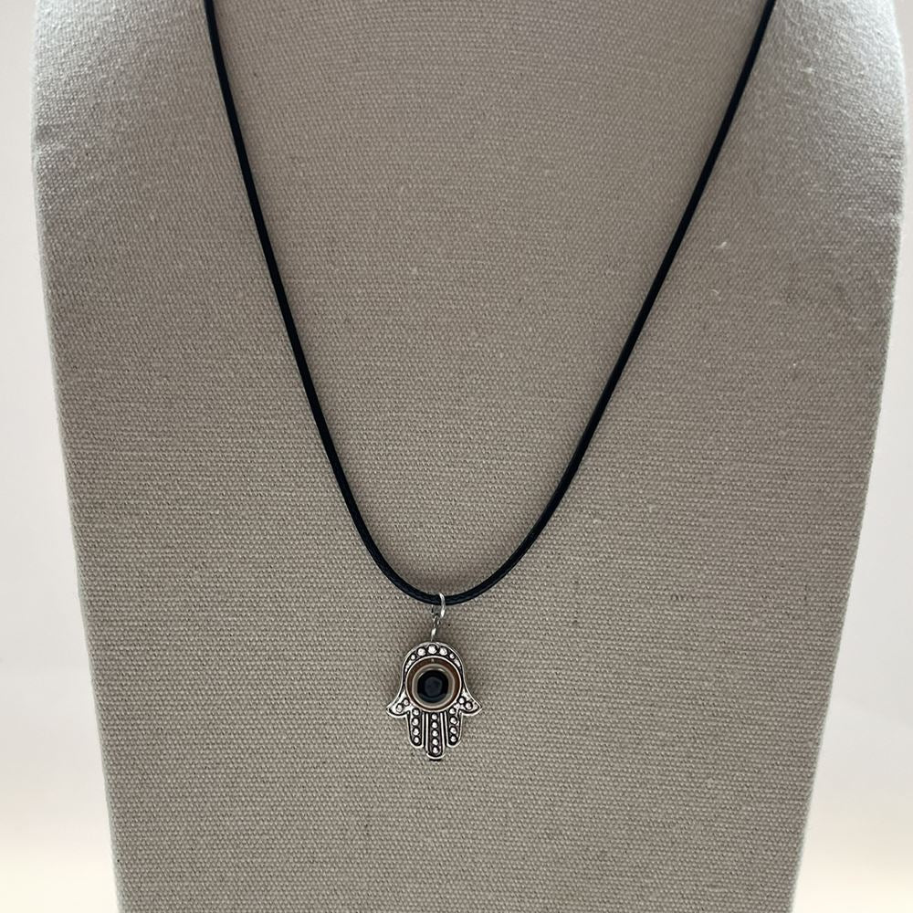 Hamsa Hand Spinning Evil Eye Pendant, Black Cord