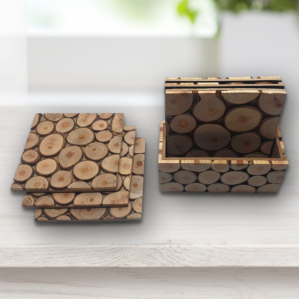 Handmade Sliced Wood Coaster Set with Holder, Set of 6, 10cm, Square