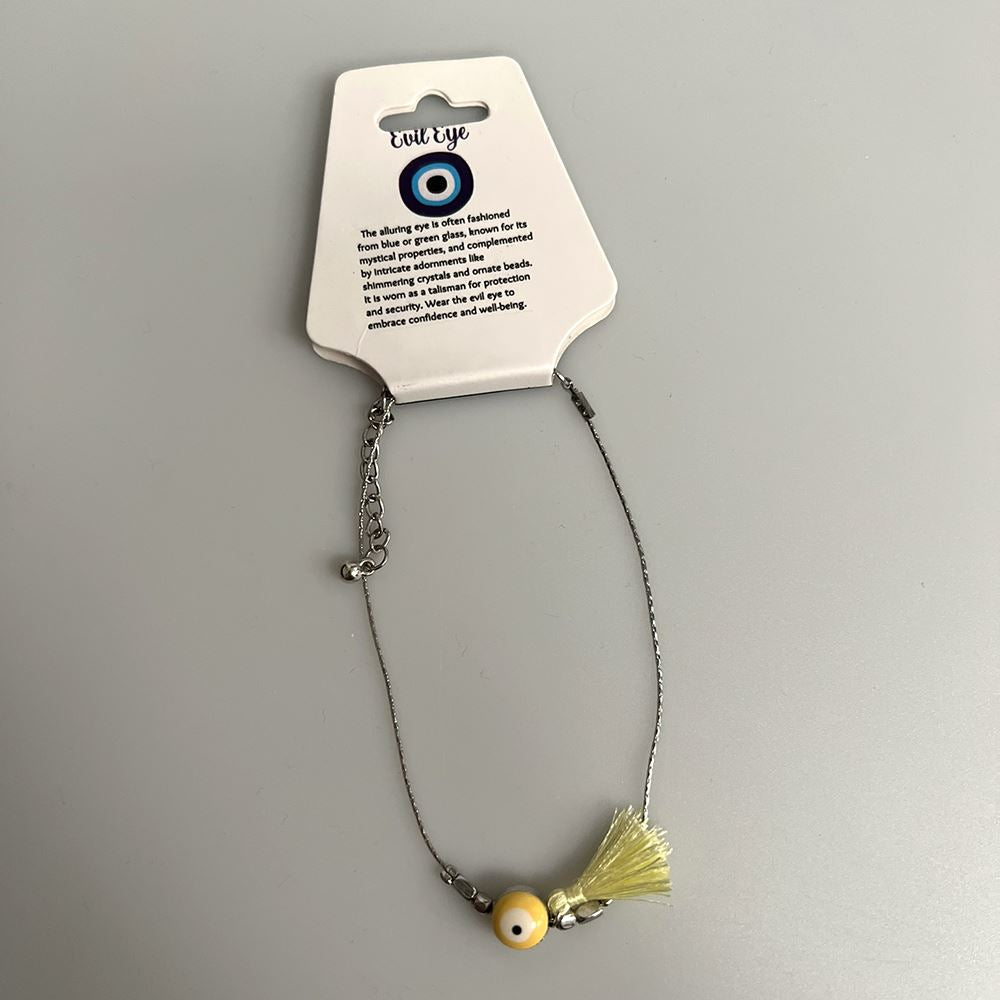 Evil Eye Anklet, Yellow Faux Suede Tassel (JIT)