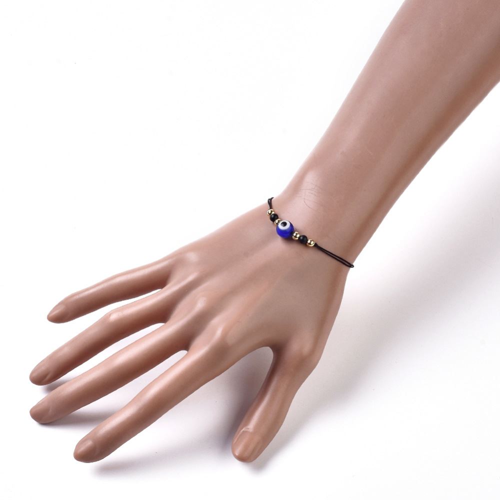 Evil Eye Nylon Thread Braided Bracelet with Black Agate Beads