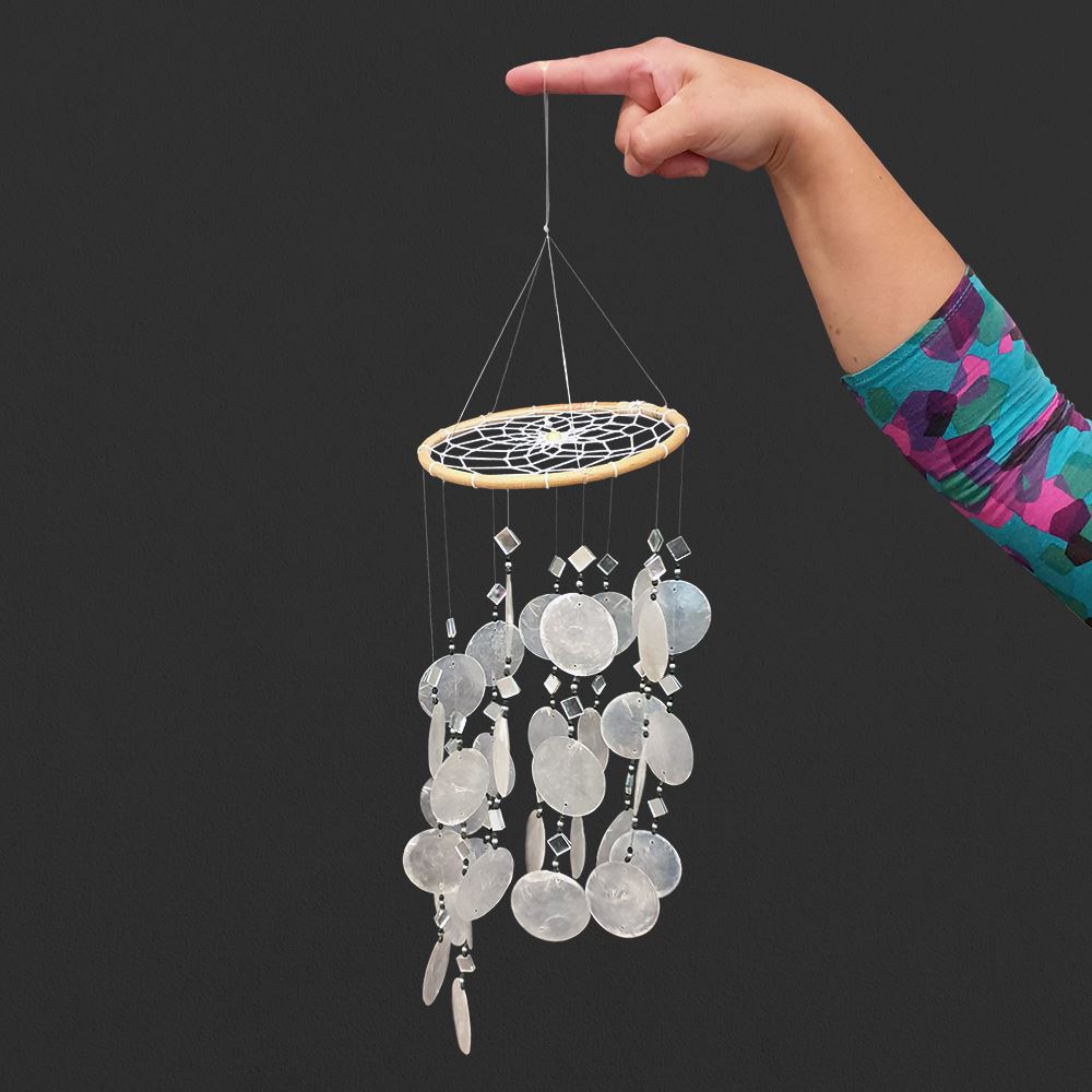 Wind Chime, 45cm Hanging Height, White Capiz Shells with Black Beads