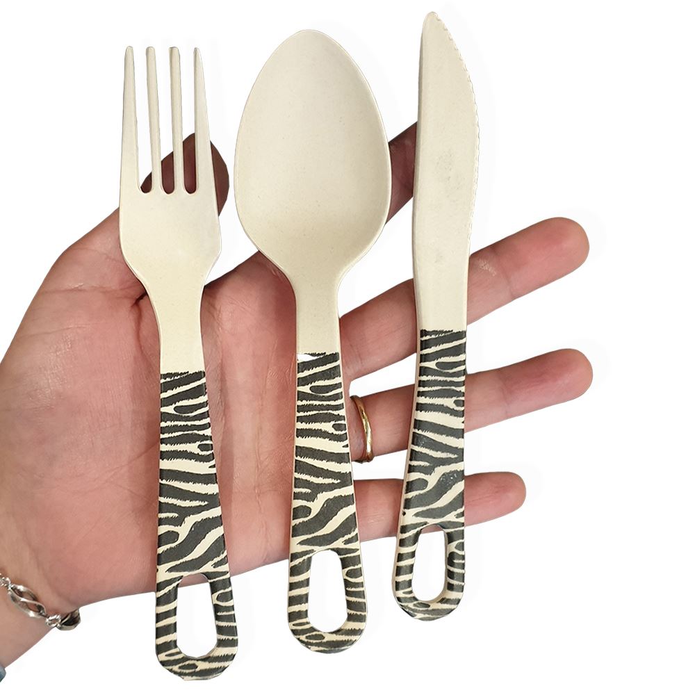Reusable Bamboo Cutlery Set in a Zipper Bag, Zebra Pattern