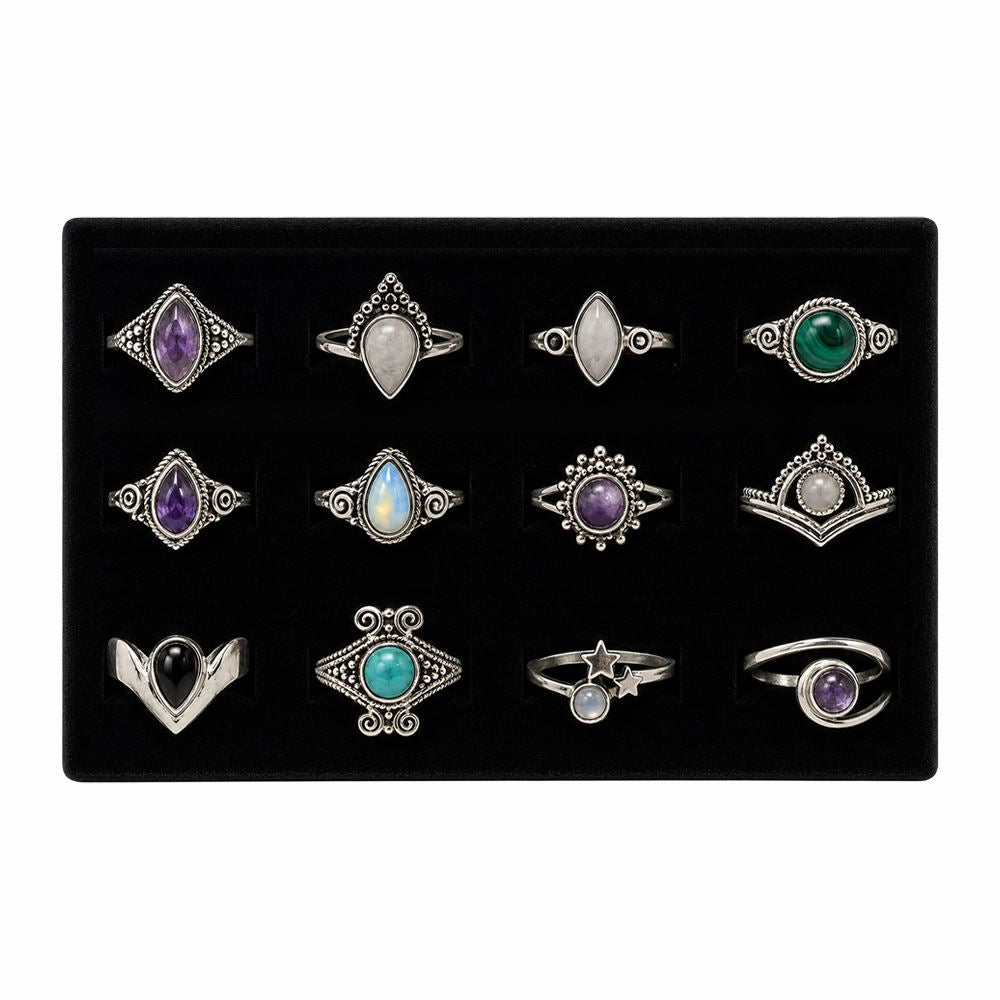 12 Silver-Plated Gemstone Rings, Foam Display Tray, Design #01