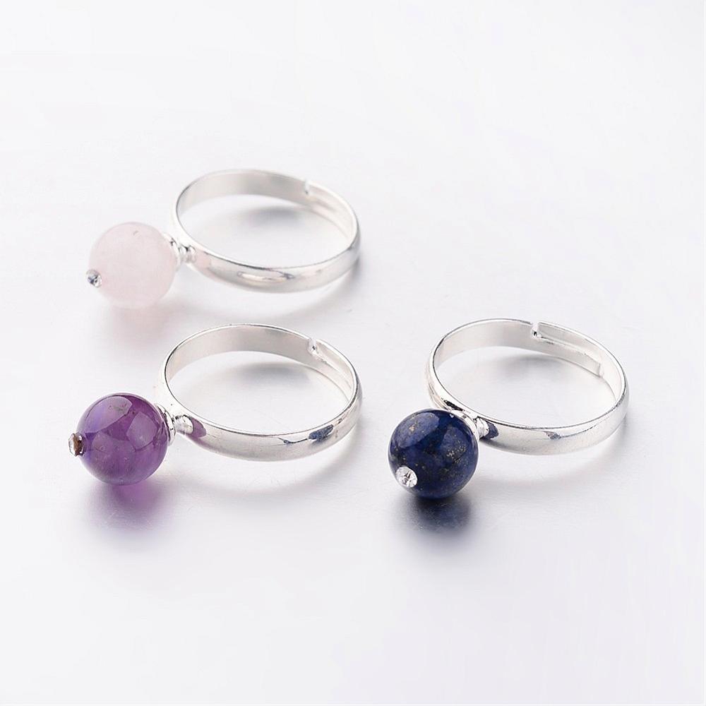 Adjustable Assorted Gemstone Ring, with Brass Findings and Rhinestone, Single