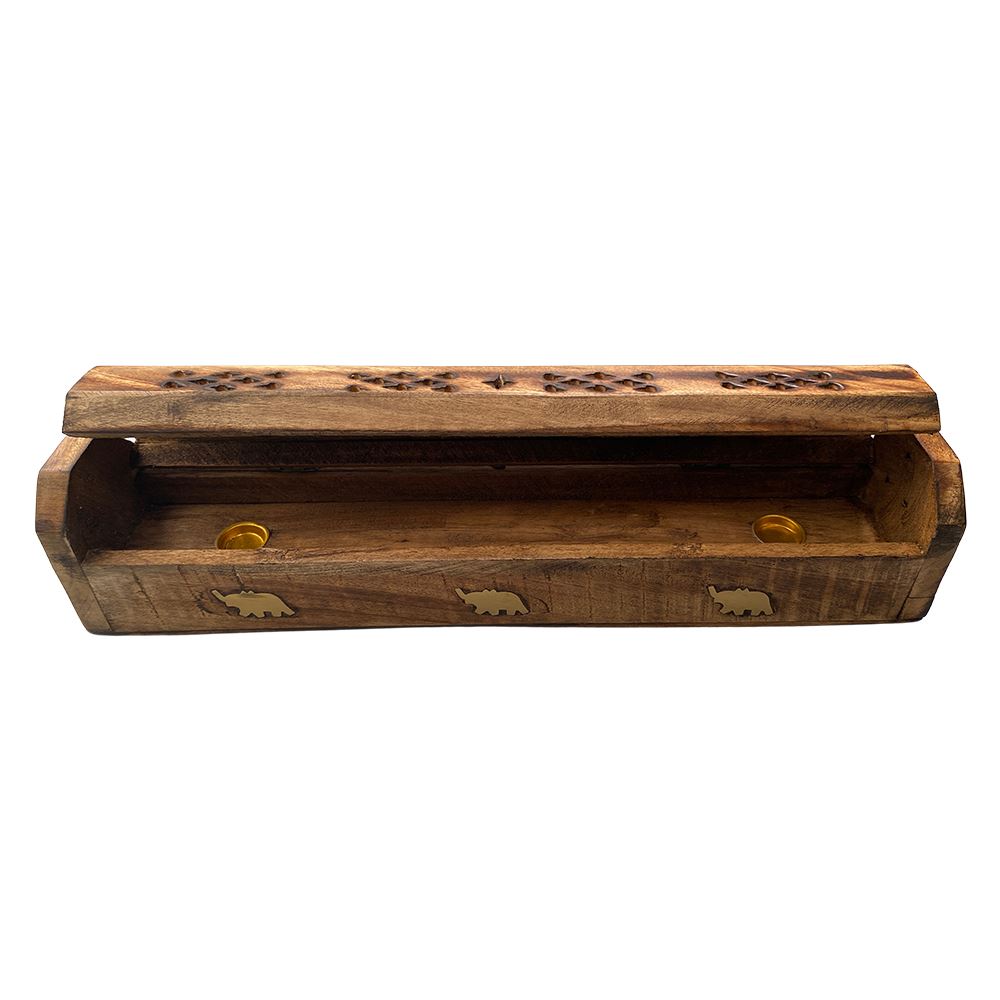 Mango Wood Incense Storage Box w/ Astd Burned Effect Design (Each): Kheops  International