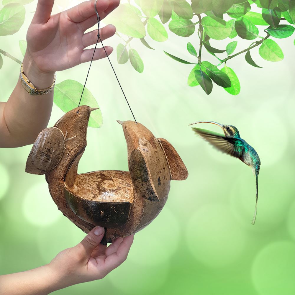 Bird Feeder, Coconut Shell with 2 Birds Carving, Approx 30cm Hanging Height