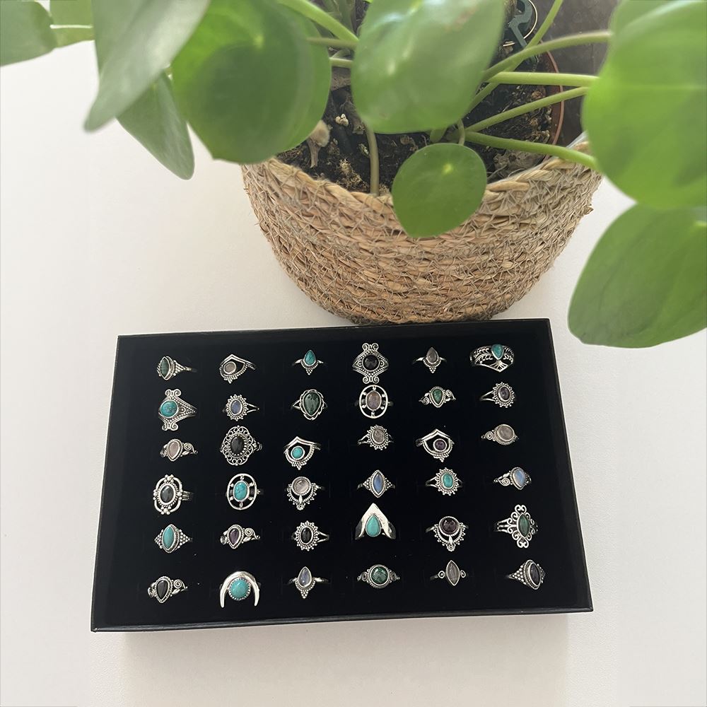 36 Adjustable Silver-Plated Rings with Gemstones, Assorted Designs, Foam Display Tray