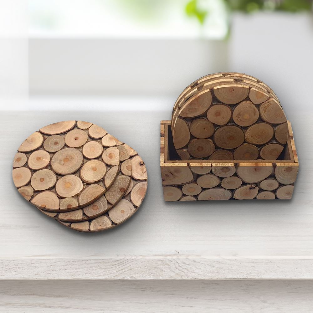 Handmade Sliced Wood Coaster Set with Holder, Set of 6, 10cm, Round