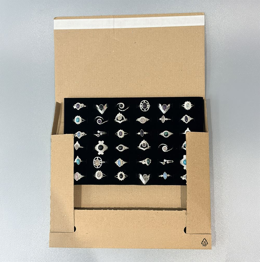 36 Adjustable Silver-Plated Rings with Gemstones, Assorted Designs, Foam Display Tray