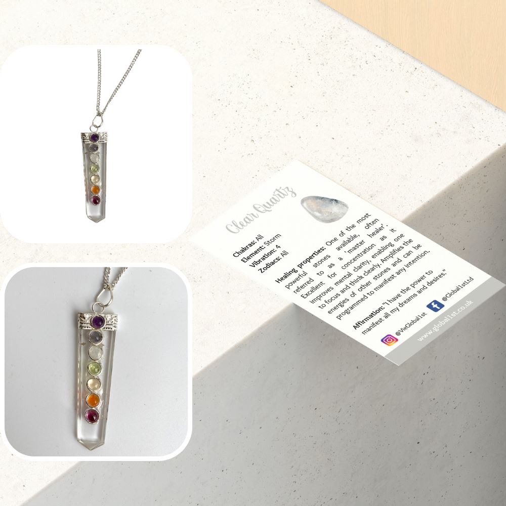 7 Chakra Flat Pendant, Silver Chain, 5x1.5cm