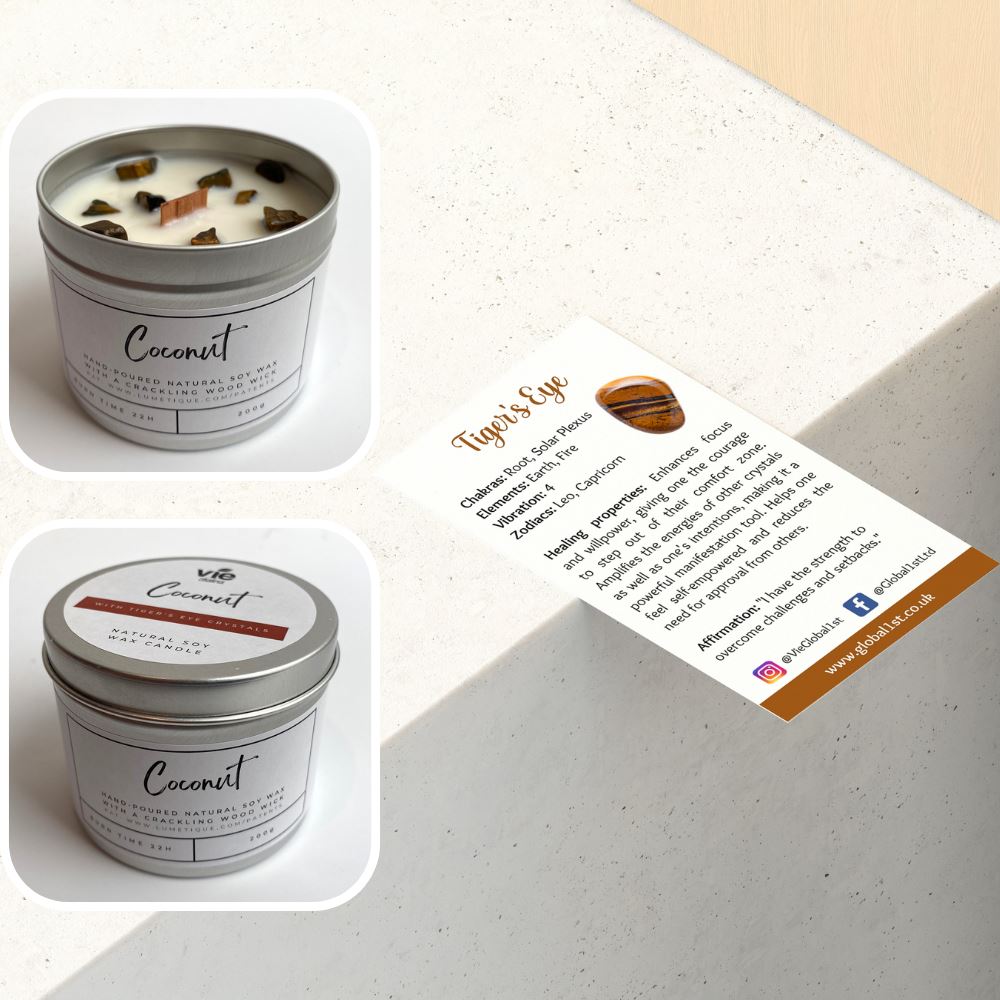 Aluminium Tin Candle, Coconut with Tiger's Eye Crystals