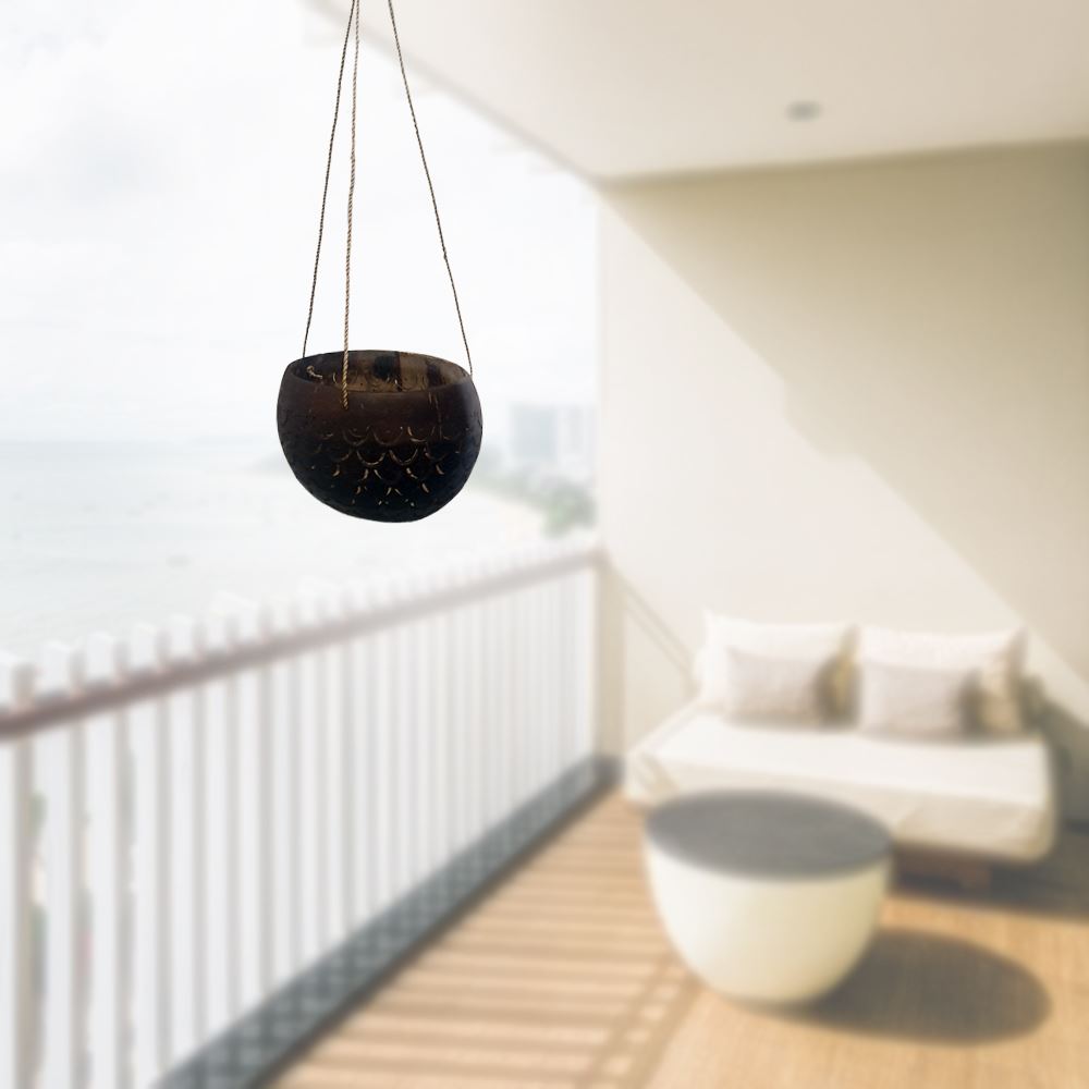 Carved Coconut Shell Pot Holder with Macrame Jute Rope, 13-15cm