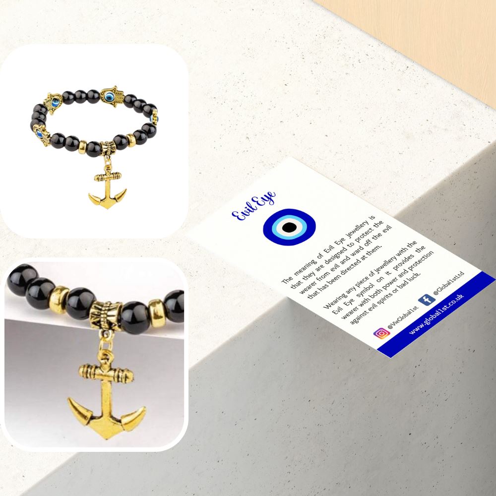 Evil Eye & Anchor Bracelet, Black & Gold