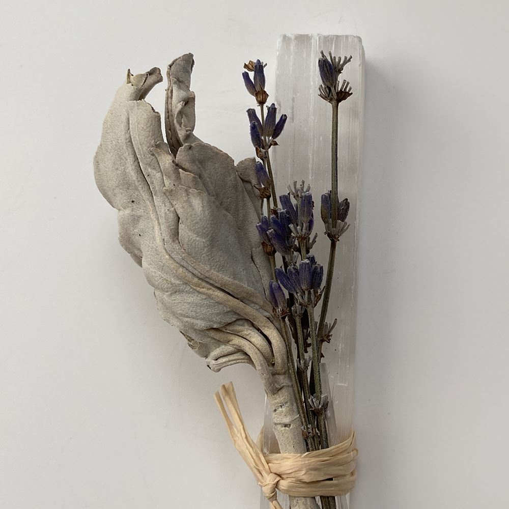 Mini Smudge Cluster, White Sage with Lavender and Selenite Wand 4"