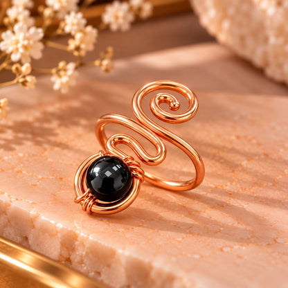 Copper Ring with Polished Stone, Design #01, Black Onyx