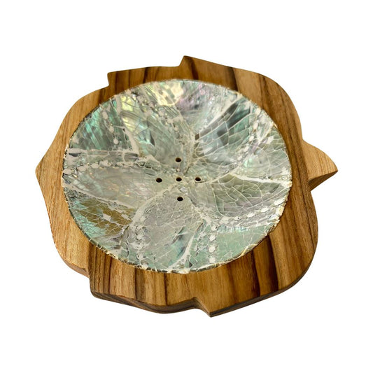 Round Leaf Soap Dish, Teak Wood with Abalone Inlay, Approx. 12cm