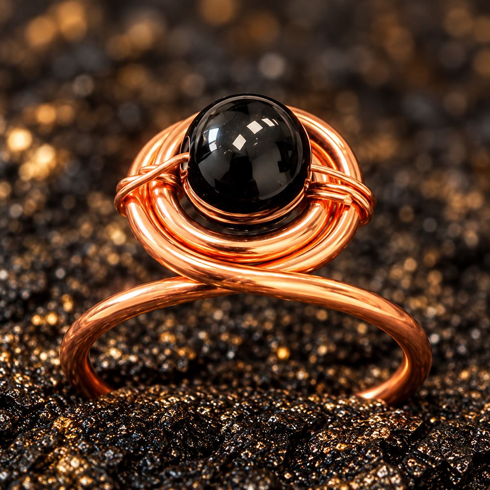 Copper Ring with Polished Stone, Design #06, Black Onyx