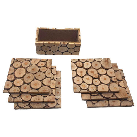 Handmade Sliced Wood Coaster Set with Holder, Set of 6, 10cm, Square