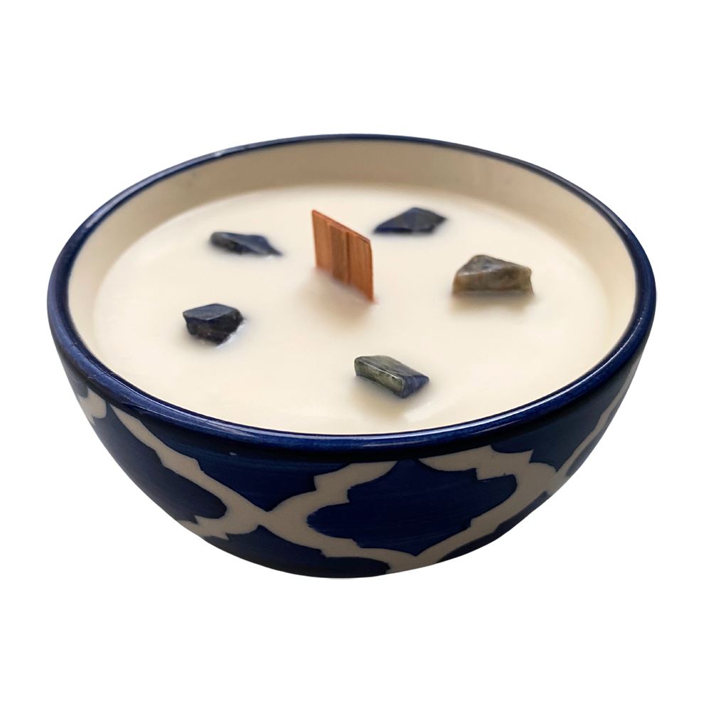 Ceramic Bowl Candle, Sea Spray with Sodalite Crystals