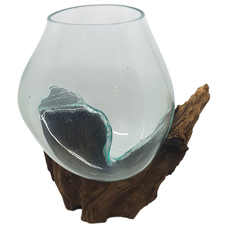 Molten Glass Terrarium on Balinese Gamal Wood, Bowl, 15cm Height