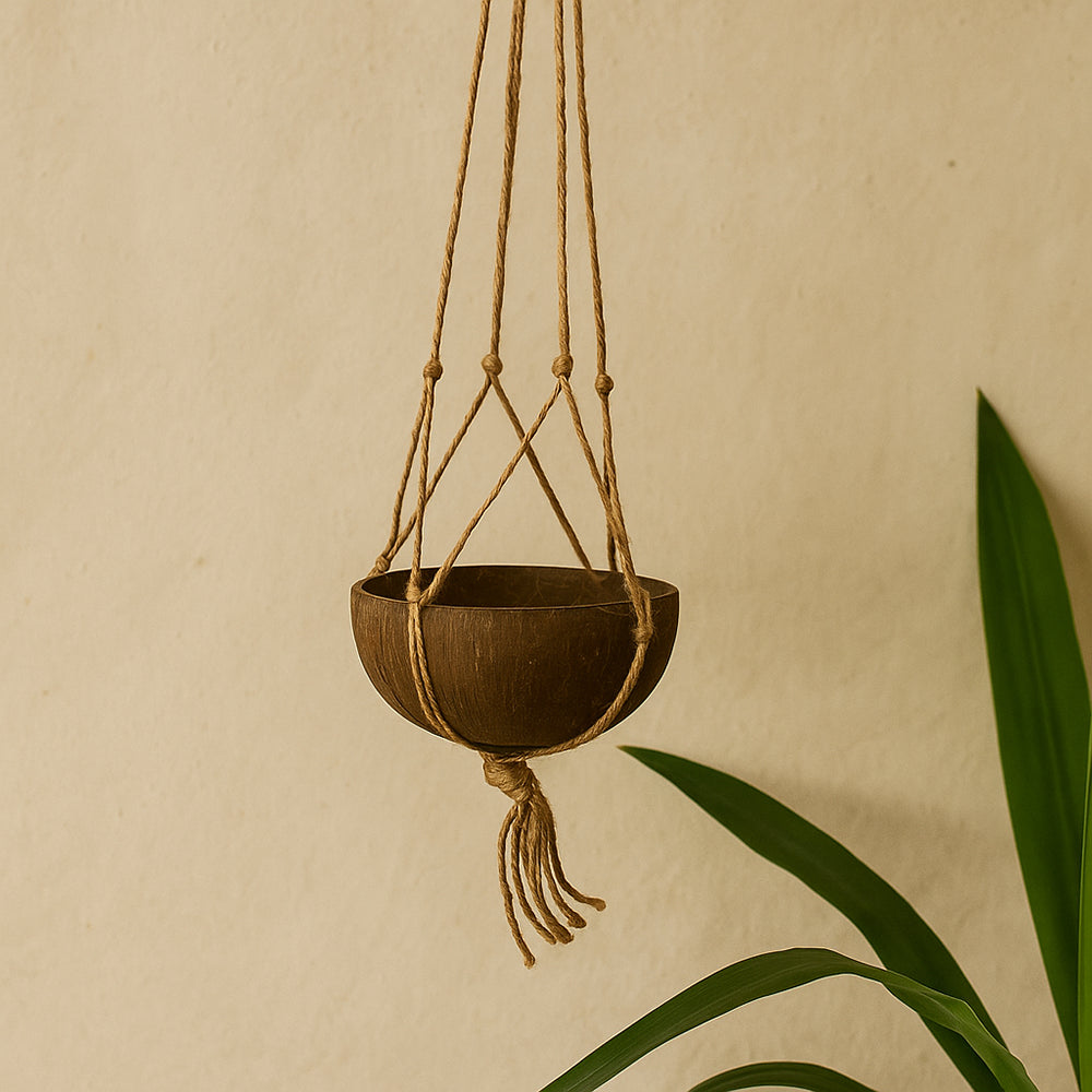 Coconut Shell Pot Holder with Macrame Jute Rope, 15x90cm