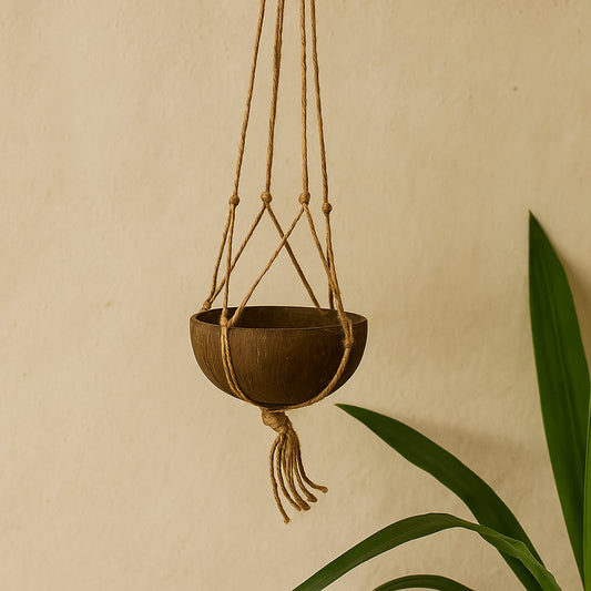 Coconut Shell Pot Holder with Macrame Jute Rope, 15x90cm