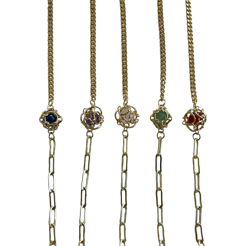 Golden Macramé-Inspired Link Bracelet Set, Assorted Gemstone, Set of 5