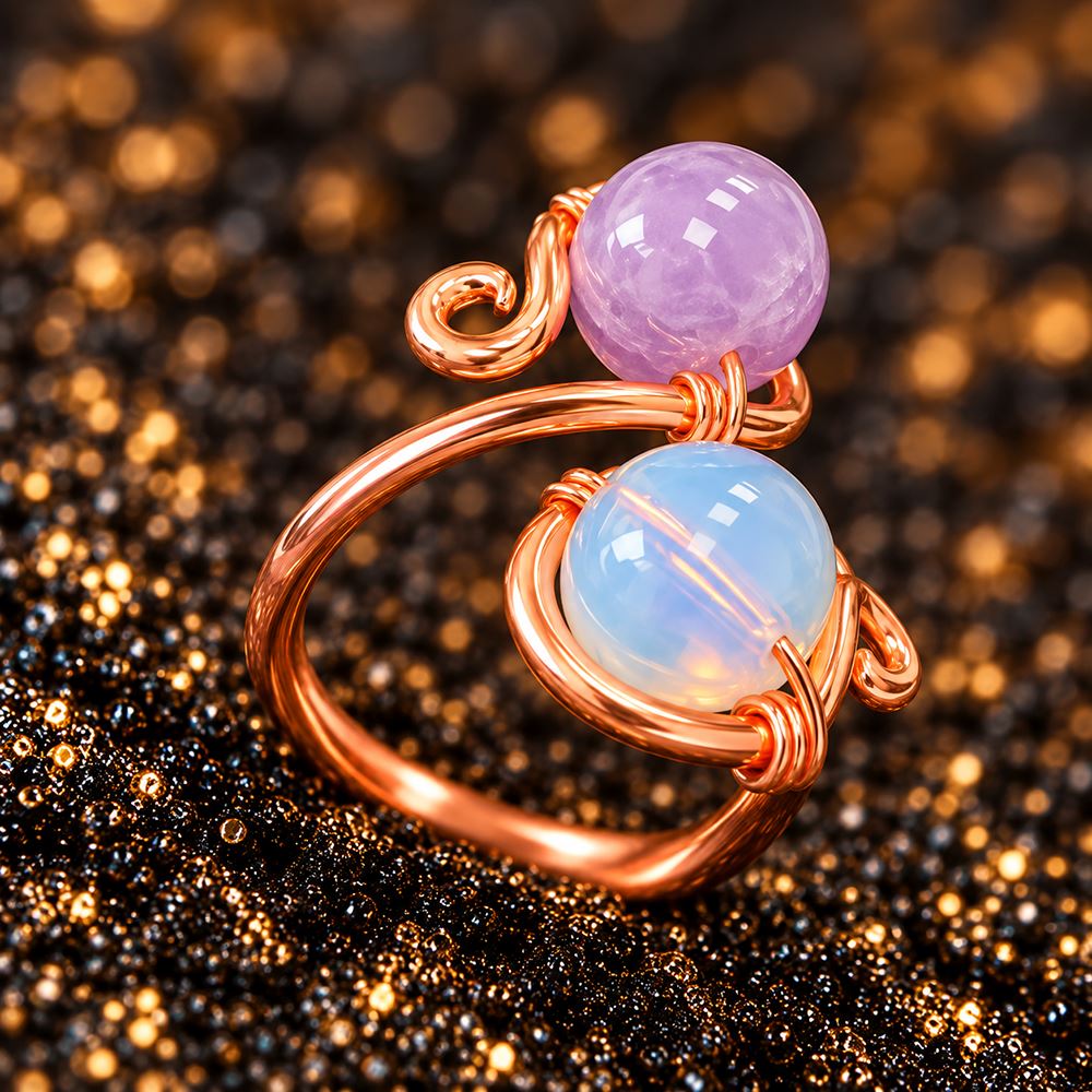 Copper Ring with Polished Stone, Design #04, Amethyst & Opalite