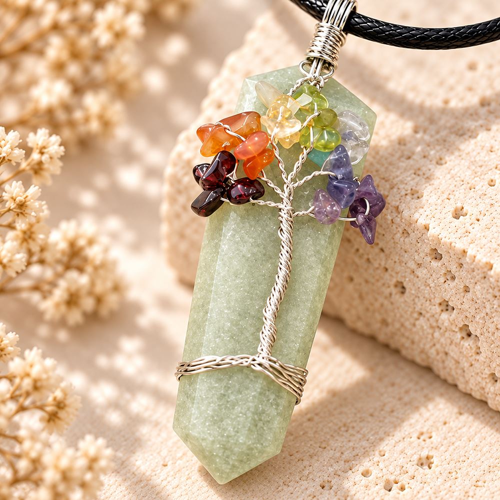 Tree of Life 7 Chakra Pendant, Black Cord