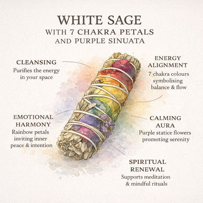 Smudge Stick, White Sage, 7 Chakra Petals and Purple Sinuata 4"