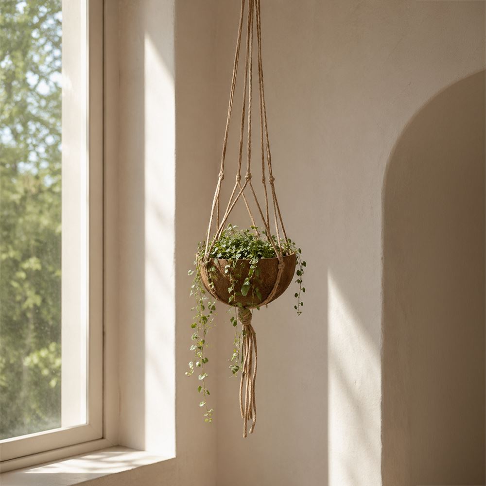 Coconut Shell Pot Holder with Macrame Jute Rope, 15x90cm - image 5