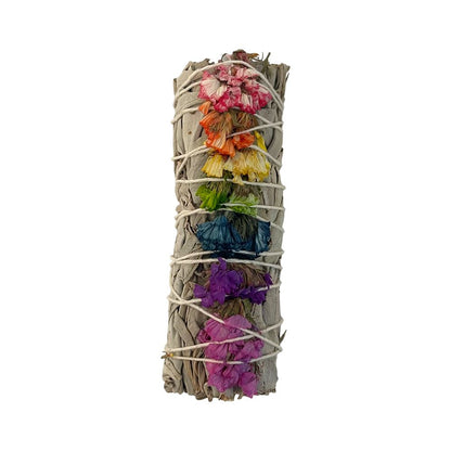 Smudge Stick, White Sage and 7 Chakra Flowers 4"