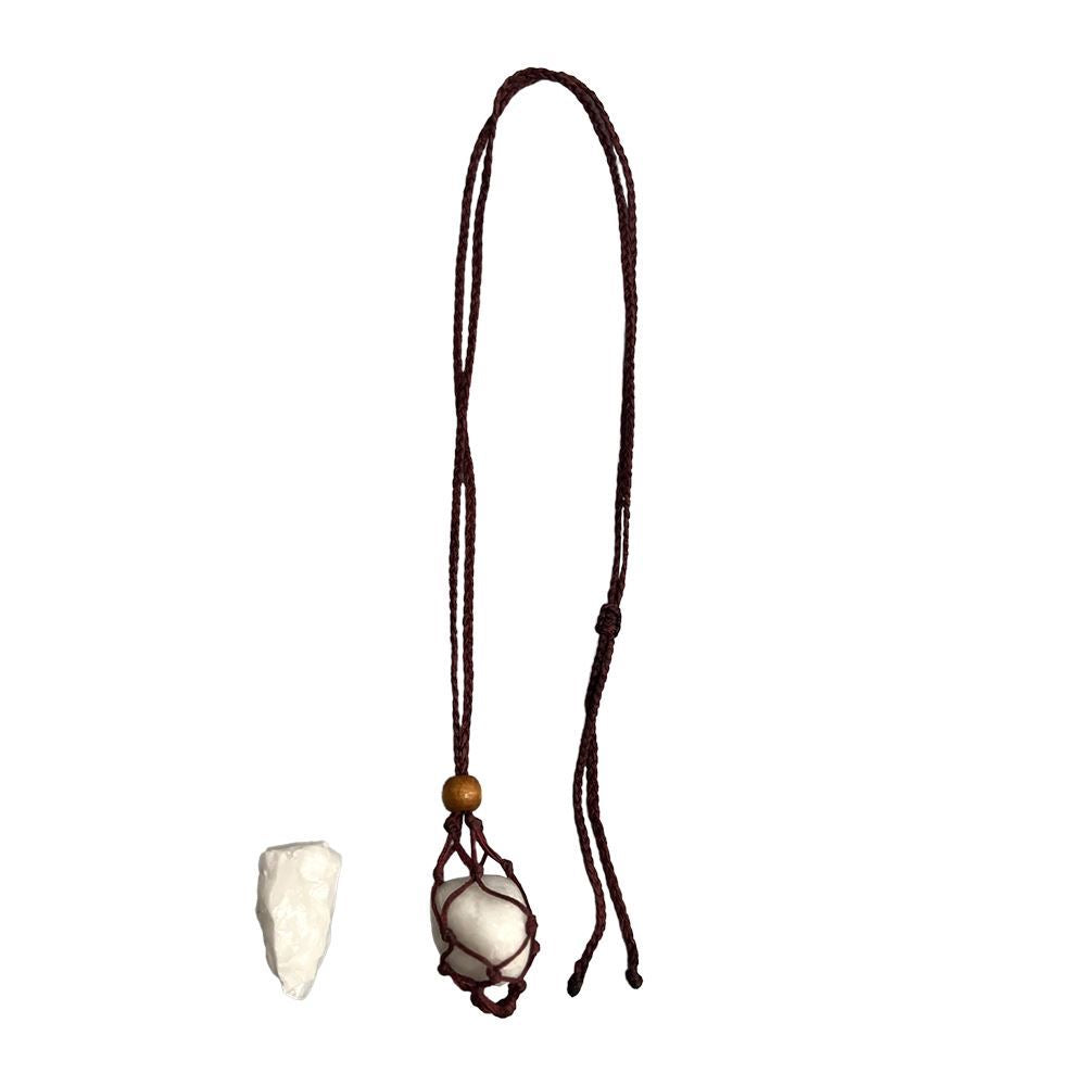 Macrame Necklace, White Agate Tumbled, with White Agate Rough Cut