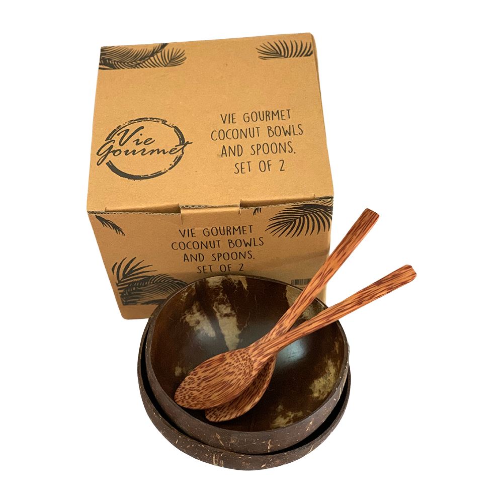 Premium Sealed Coconut Bowls and Spoons, Set of 2, Packaged in Eco-Friendly Box