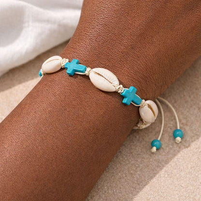 Cowrie Shell & Turquoise Cross Bracelet