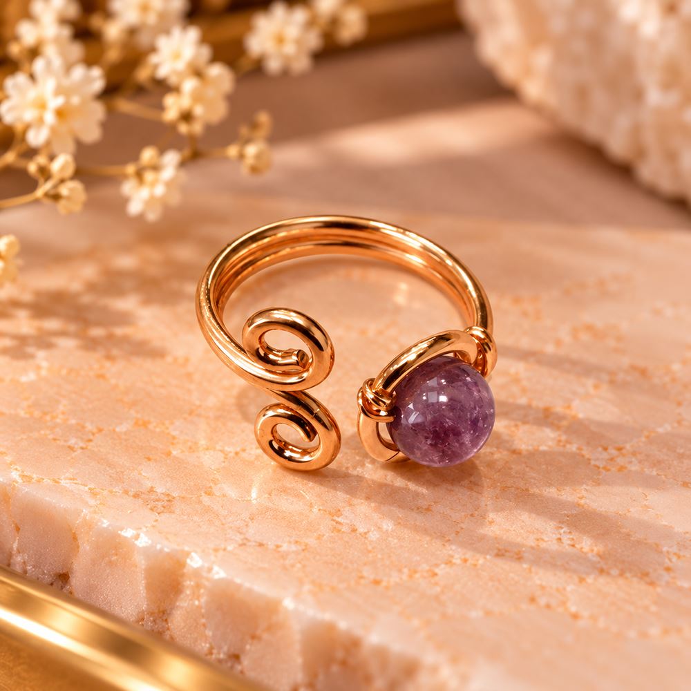Copper Ring with Polished Stone, Design #02, Amethyst