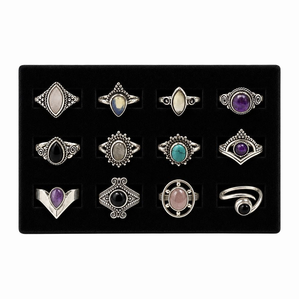 12 Silver-Plated Gemstone Rings, Foam Display Tray, Design #03