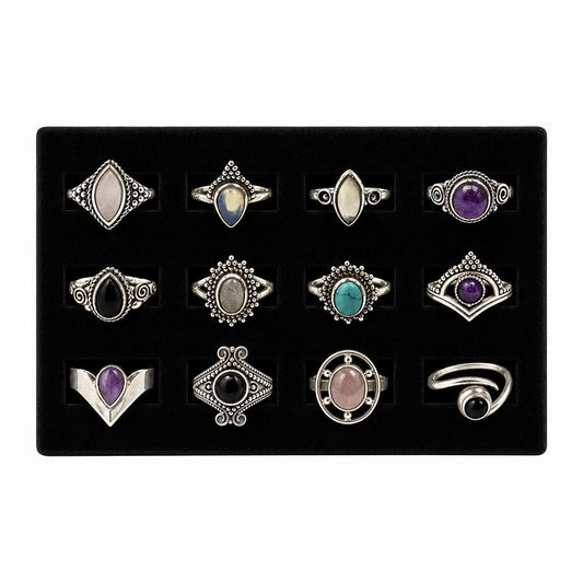 12 Silver-Plated Gemstone Rings, Foam Display Tray, Design #03