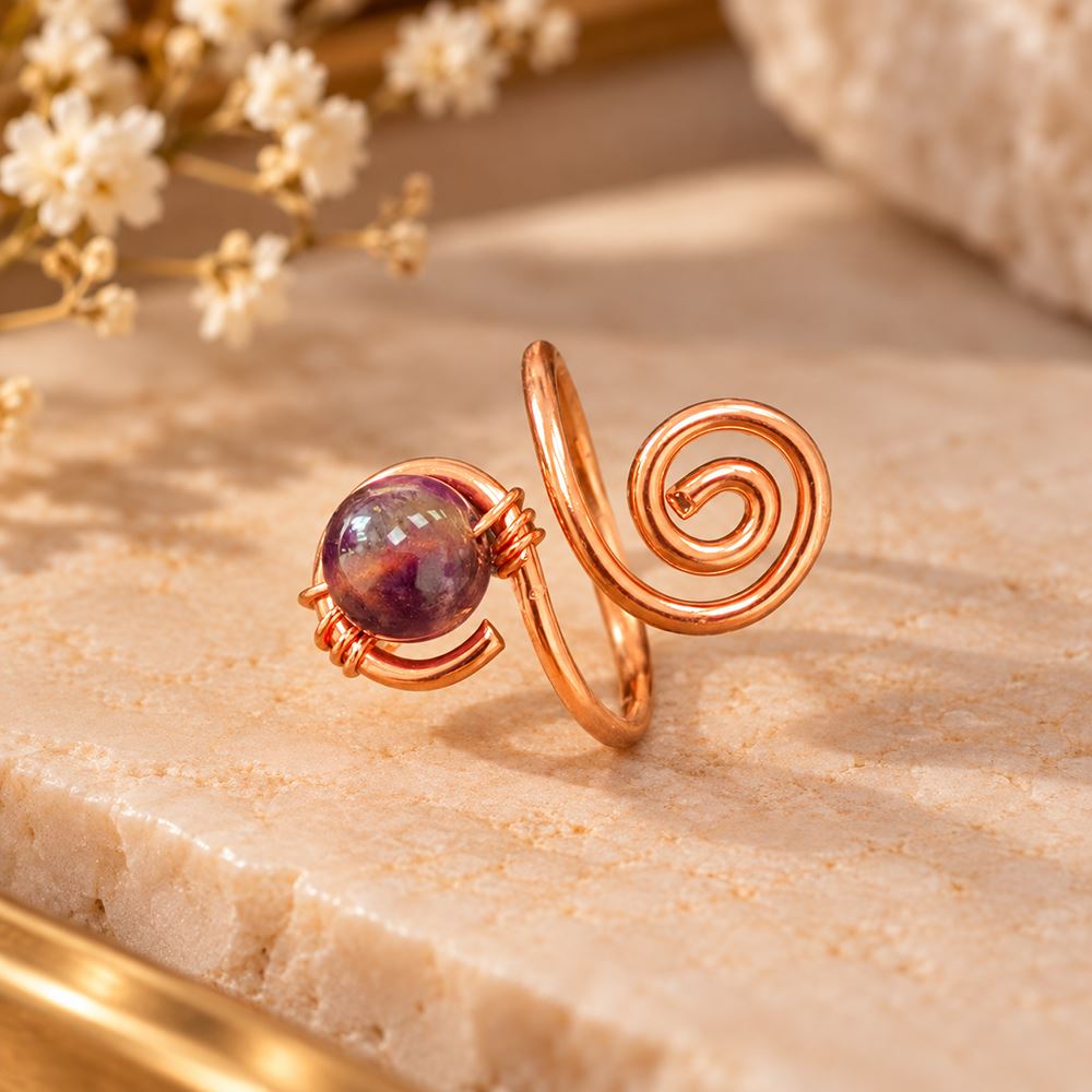 Copper Ring with Polished Stone, Design #05, Amethyst