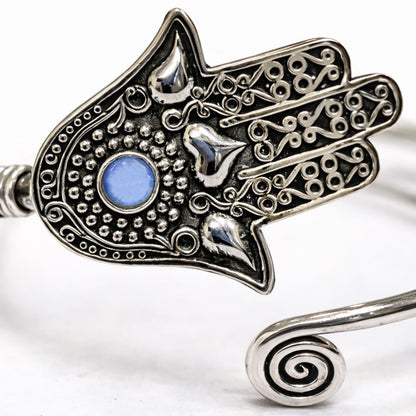 Silver-Plated Adjustable Hamsa Spiral Cuff Bangle - image 8