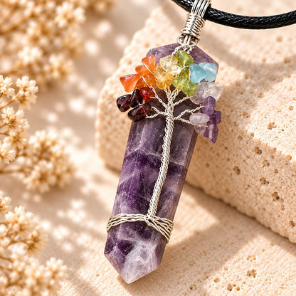 Tree of Life 7 Chakra Pendant, Black Cord