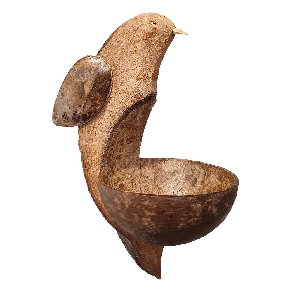 Bird Feeder, Coconut Shell with Bird Carving, Approx 30cm Hanging Height