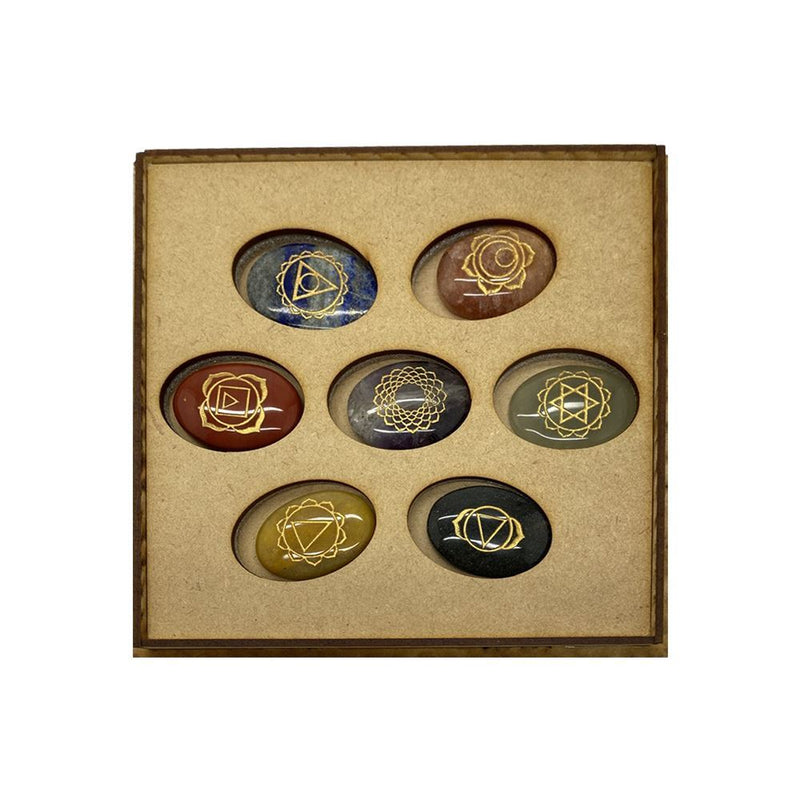 7 Chakra Stone Set with Assorted Wooden Case Design