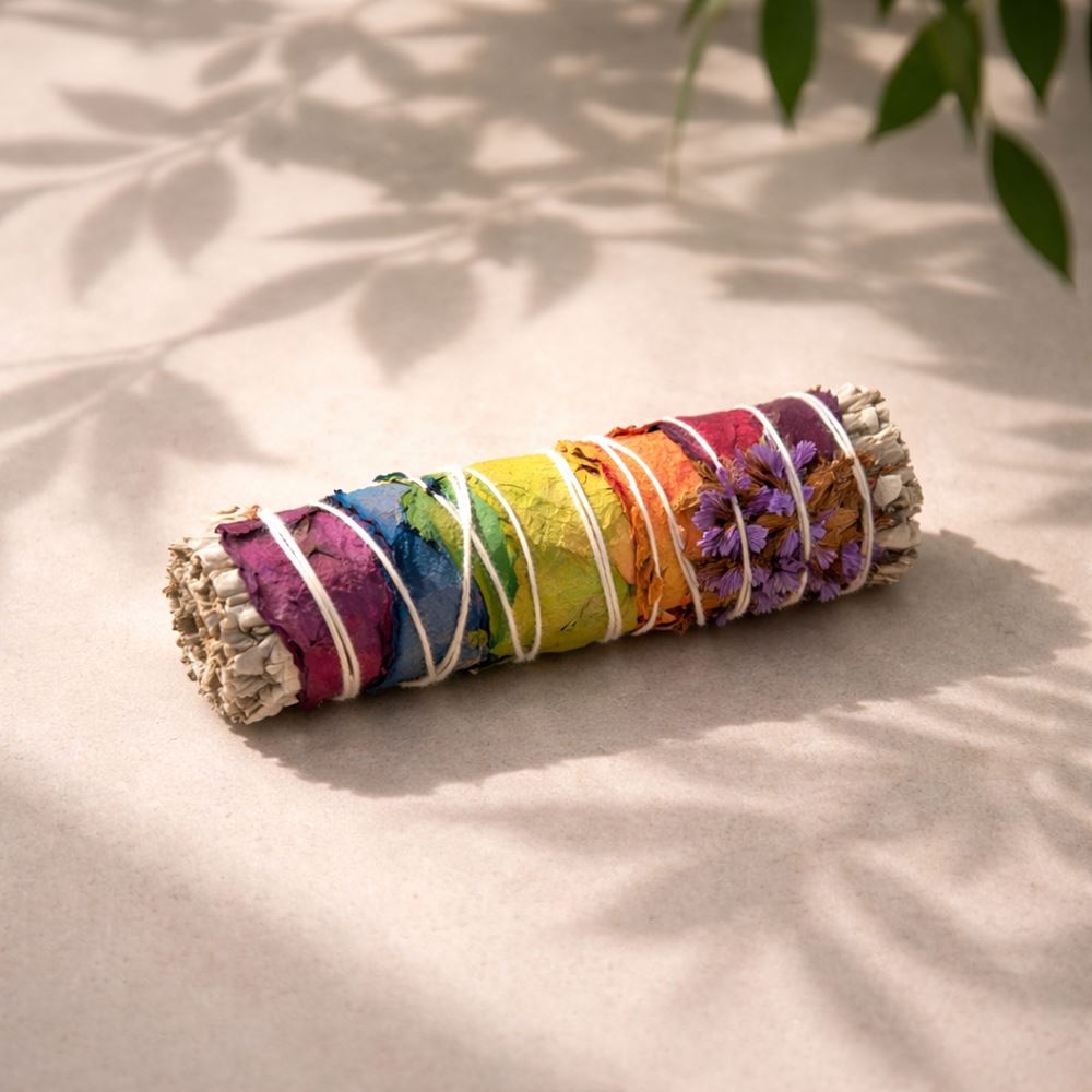 Smudge Stick, White Sage, 7 Chakra Petals and Purple Sinuata 4"