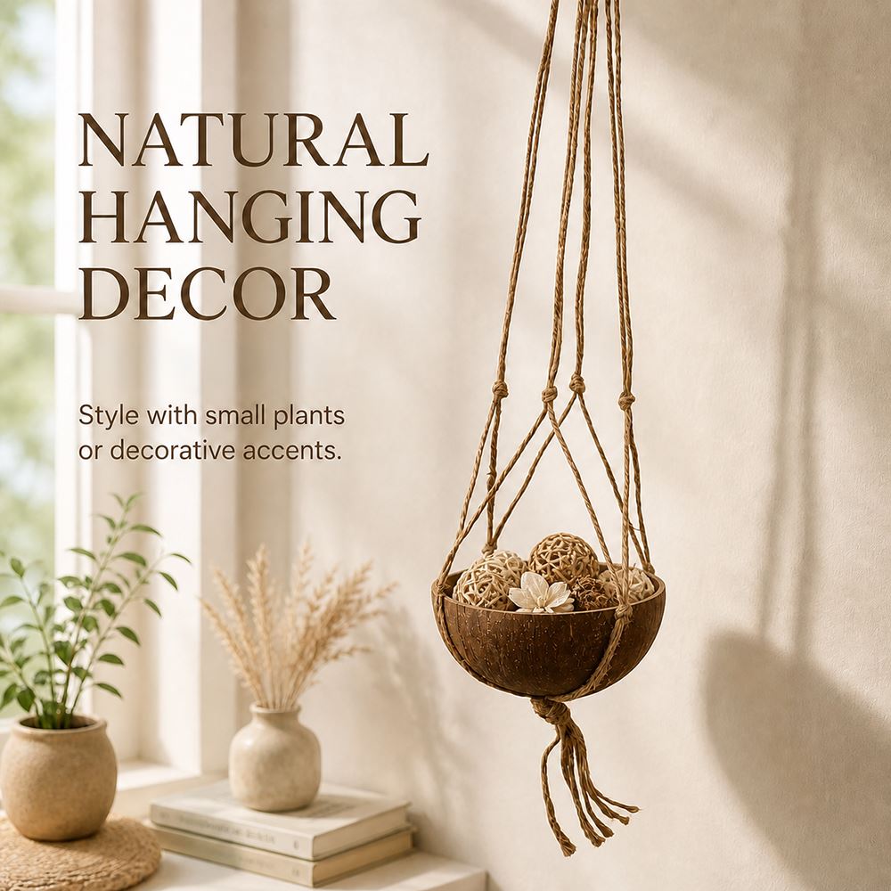 Coconut Shell Pot Holder with Macrame Jute Rope, 15x90cm - image 7