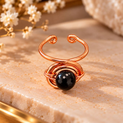 Copper Ring with Polished Stone, Design #06, Black Onyx