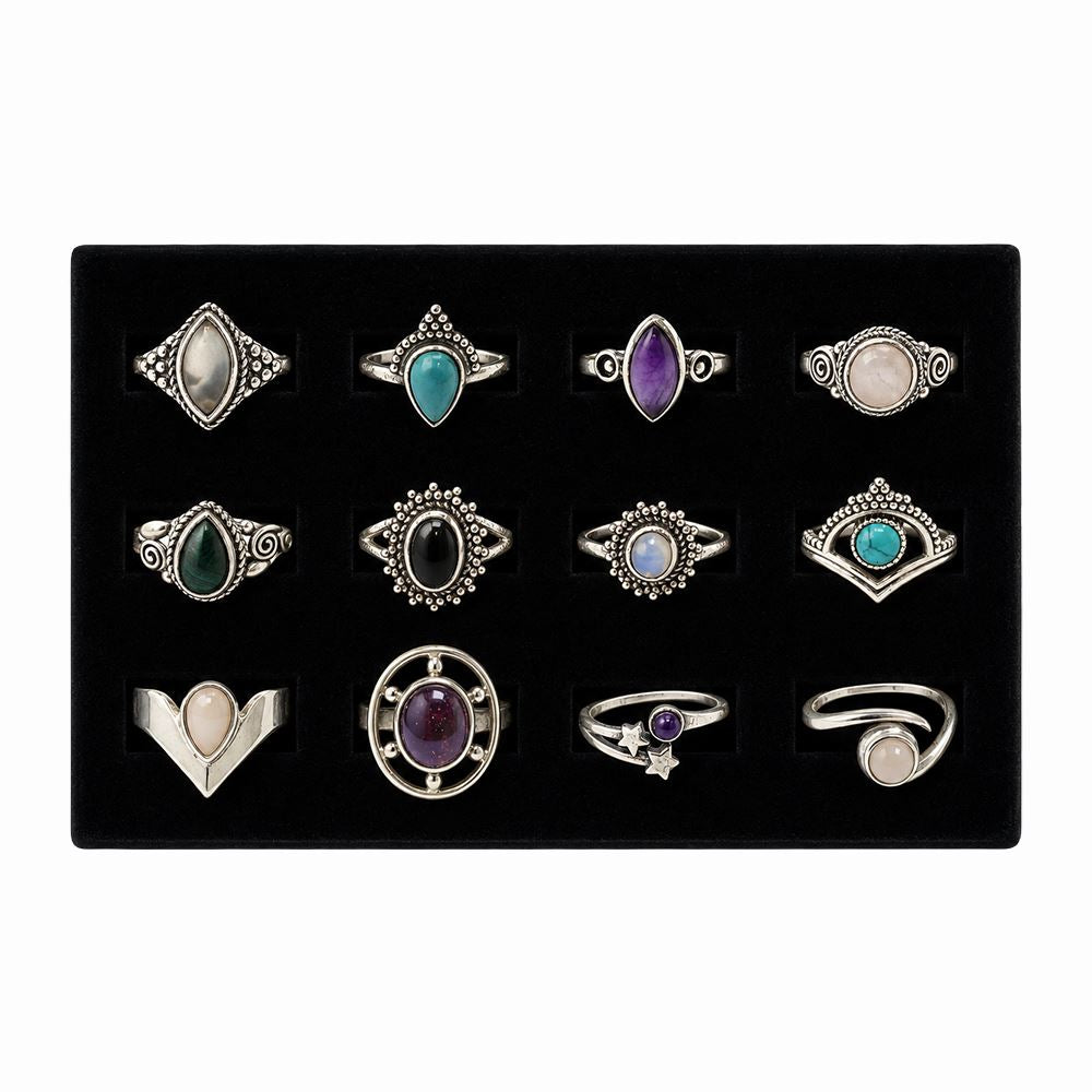 12 Silver-Plated Gemstone Rings, Foam Display Tray, Design #02
